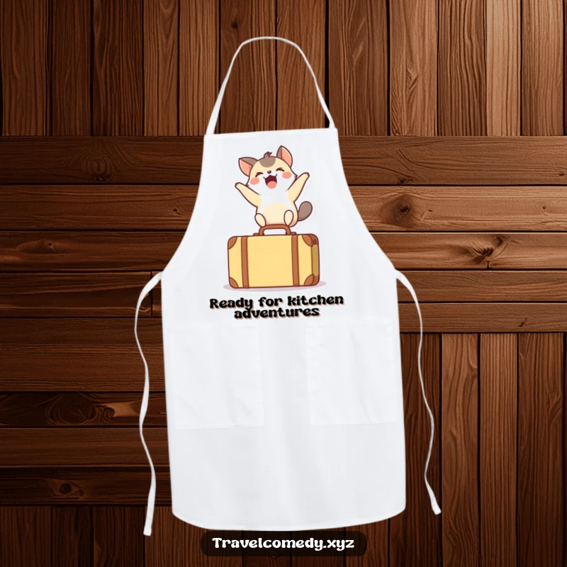 Funny apron showing a small, overjoyed animal leaping over a tiny suitcase, perfect for adding cheer to the kitchen.