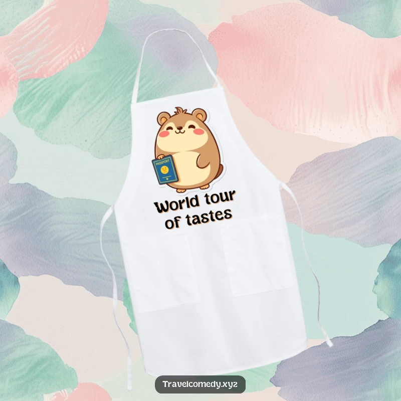 Funny apron print of a cheerful, round animal smiling broadly, holding a passport.