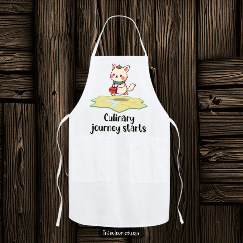 Funny apron print of a stylized animal with tiny luggage, energetically hopping across a stylized map.