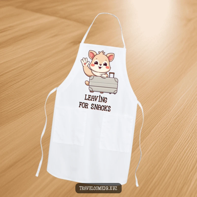 Funny apron: happy animal character with a large suitcase, waving goodbye with a smile, perfect for aspiring chefs and travelers.