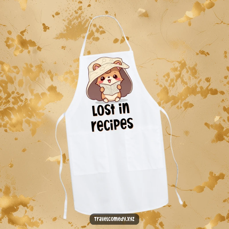 Funny apron print of a playful animal character with a map unfurled, hilariously trying to read it upside down.