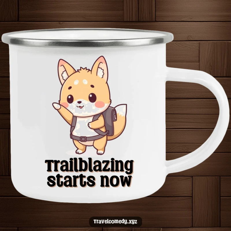 Funny camping mug showing a cute animal character with a tiny backpack, eagerly pointing forward, ideal for outdoor adventures.