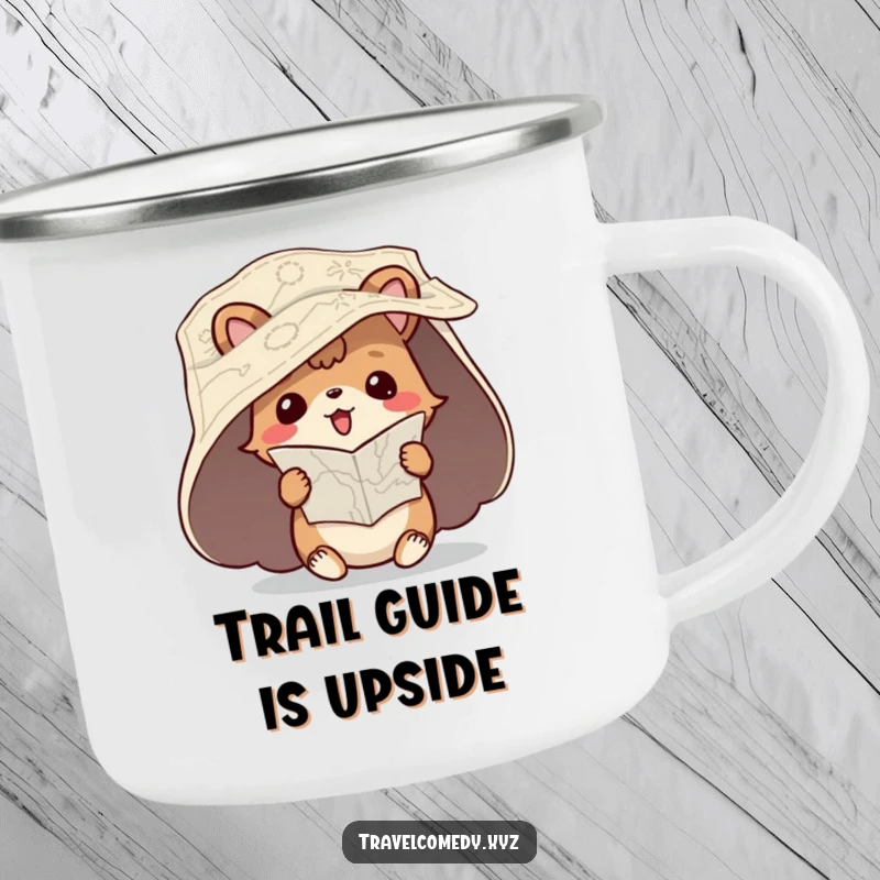 Funny camping mug print of a playful animal character with an unfurled map, hilariously trying to read it upside down.