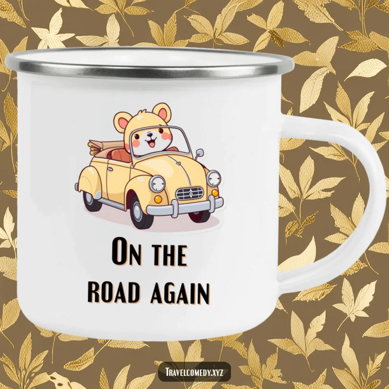 Funny camping mug: cheerful animal character joyfully driving a colorful vintage car, perfect for outdoor adventures and morning brews.