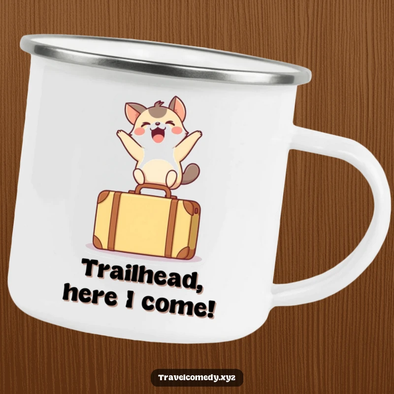 Funny camping mug with a small, happy animal leaping over a tiny suitcase, celebrating outdoor fun and excitement.