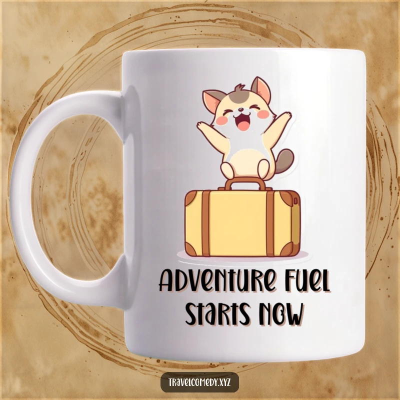 Funny mug featuring a small, excited animal joyously leaping over a tiny suitcase, embodying pure, unrestrained happiness.