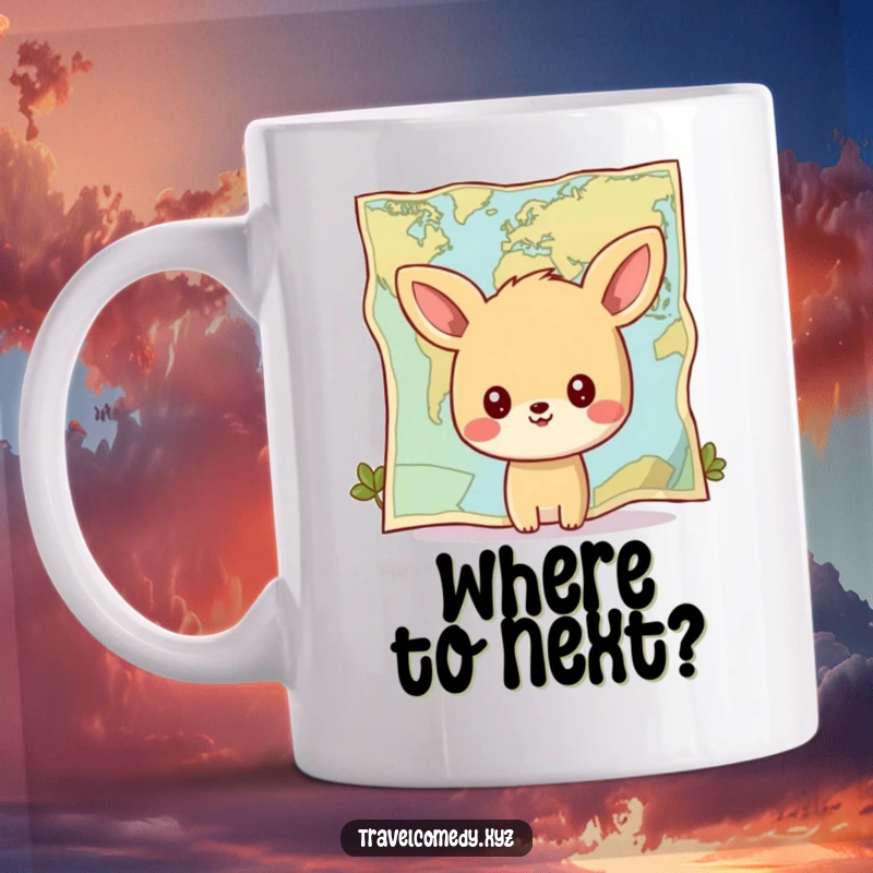 Funny mug: happy animal character gazing intently at a giant, stylized map, symbolizing curiosity and exploration.