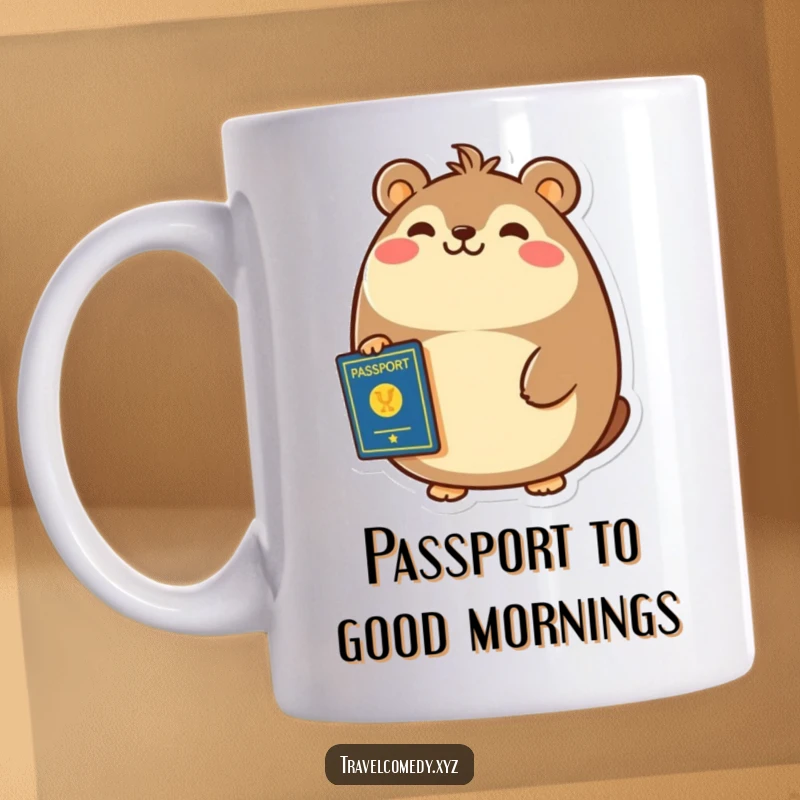 Funny mug of a cheerful, round animal smiling broadly while clutching a passport in its paw.