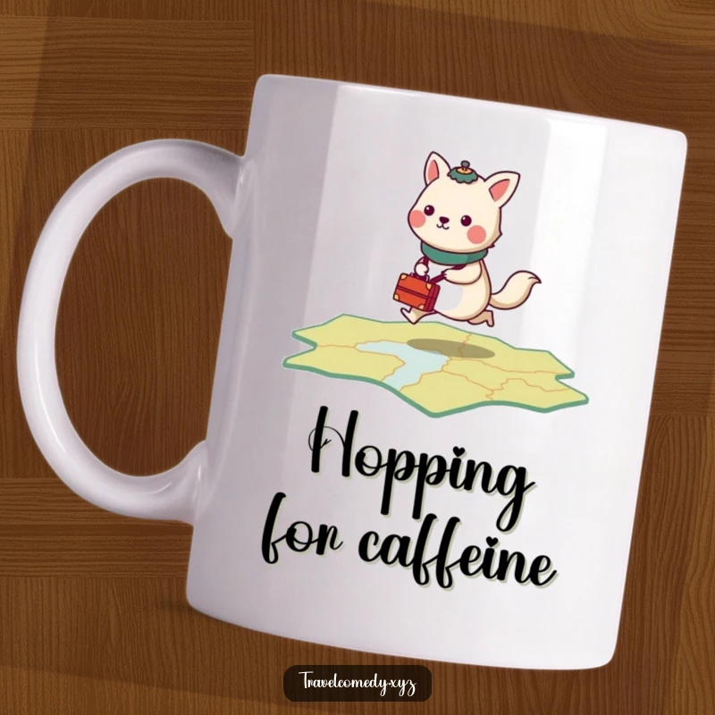 Funny mug depicting a stylized animal with tiny luggage, energetically hopping across a stylized map.