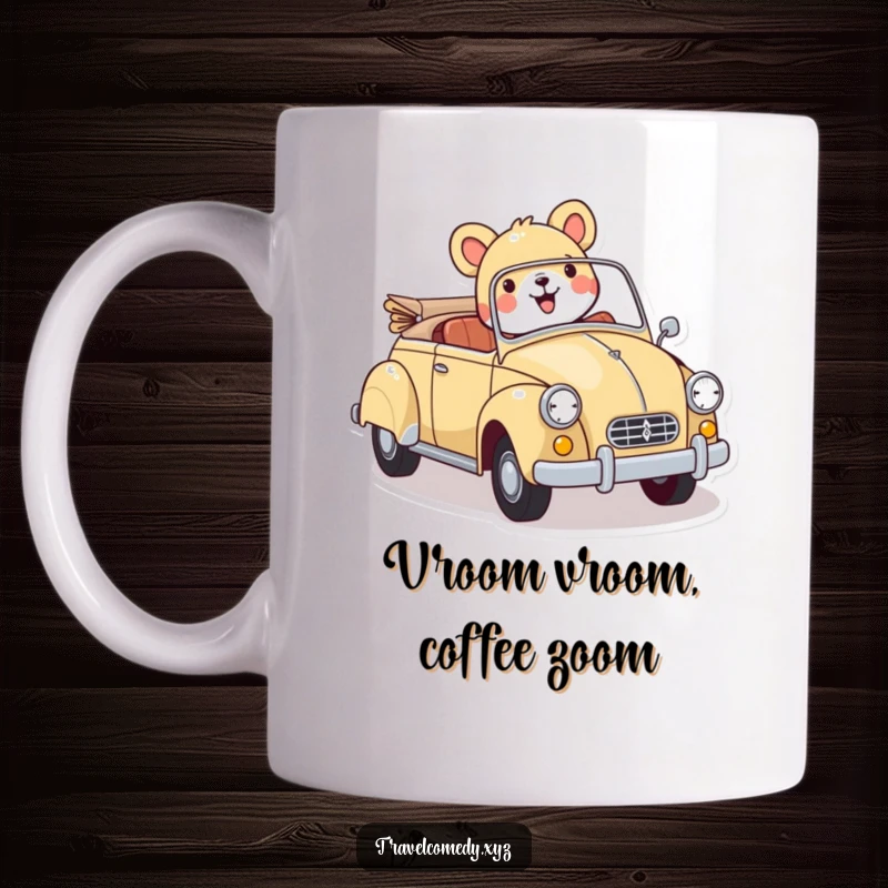 Funny mug: cheerful animal character joyfully driving a vibrant, retro car, capturing a sense of freedom and happiness.
