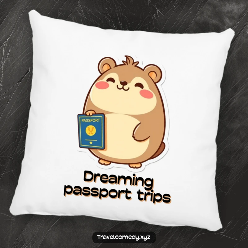 Funny pillow design of a cheerful, round animal smiling broadly, clutching a passport in its paw.