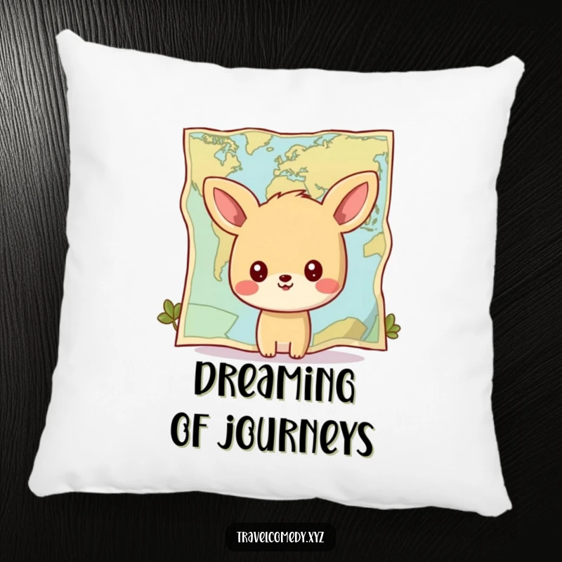 Funny pillow: happy animal character gazing at a giant stylized map, perfect for adding comfort and a sense of adventure.