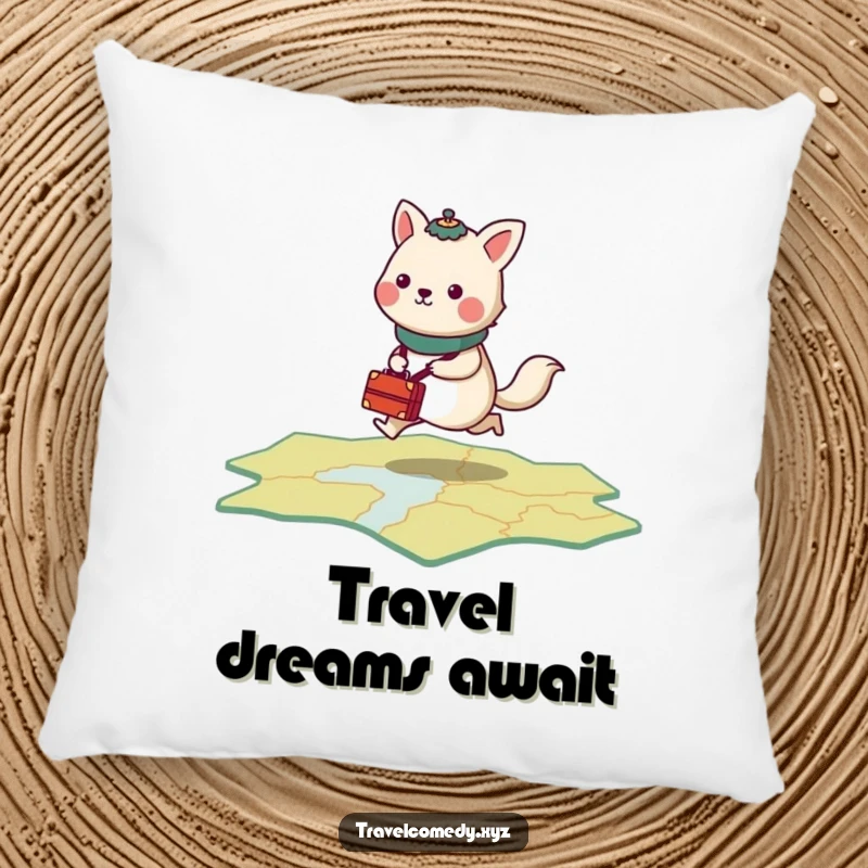 Funny pillow design of a stylized animal with tiny luggage, energetically hopping across a stylized map.