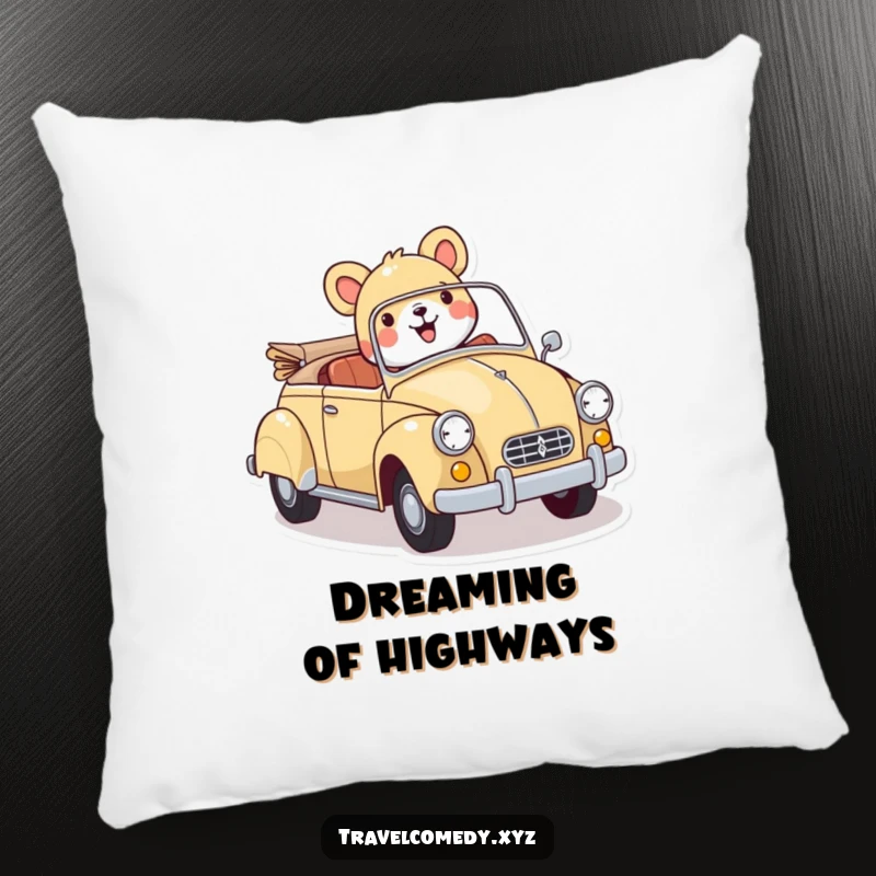 Funny pillow: a cheerful animal character delightedly driving a colorful vintage car, offering comfort and a humorous touch.