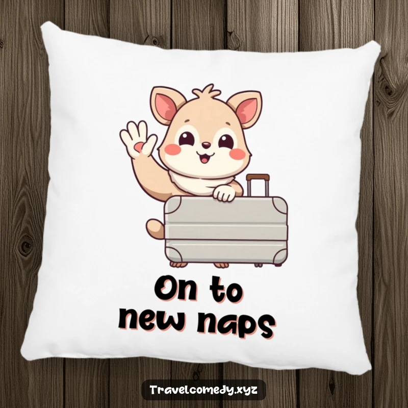 Funny pillow: happy animal character with a big suitcase, waving goodbye happily, perfect for travel enthusiasts and home comfort.