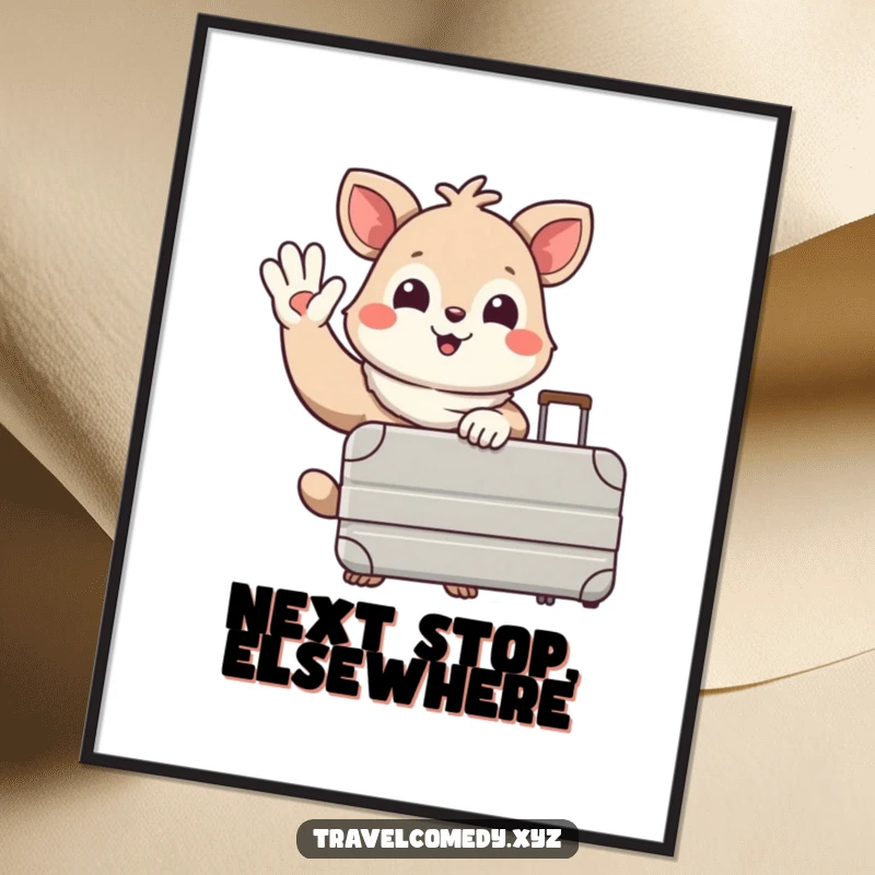 Funny digital art print: happy animal character with a large suitcase, waving goodbye with a smile, inspiring travel and adventure.