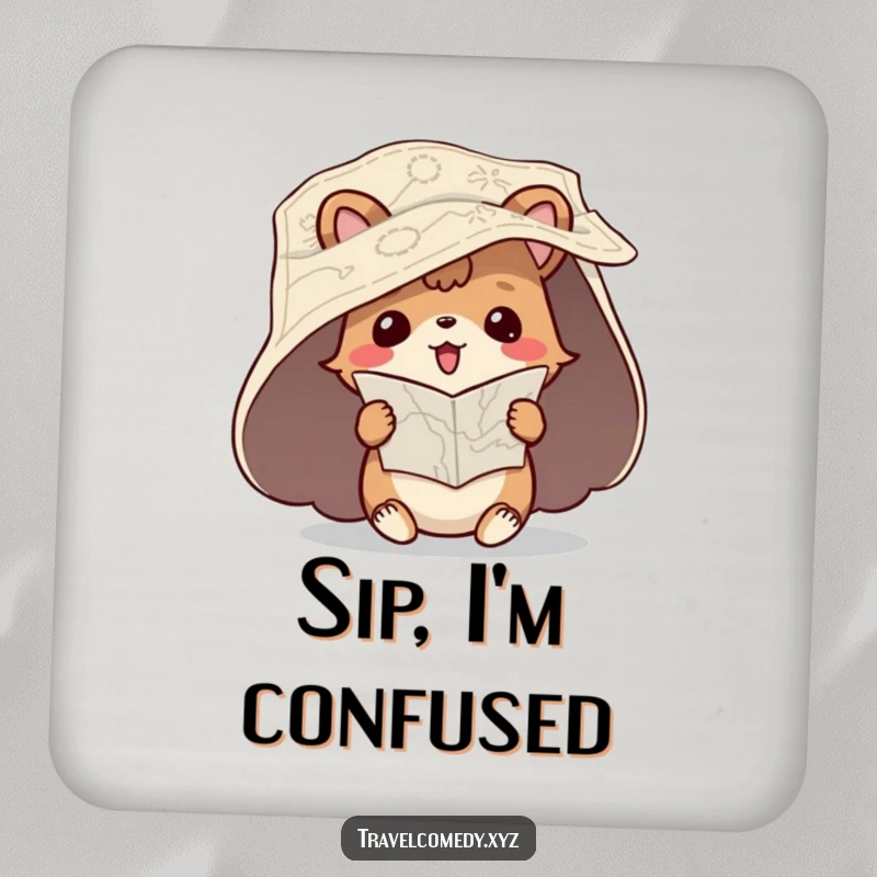 Funny drink coaster showing a playful animal character with an unfurled map, hilariously trying to read it upside down.