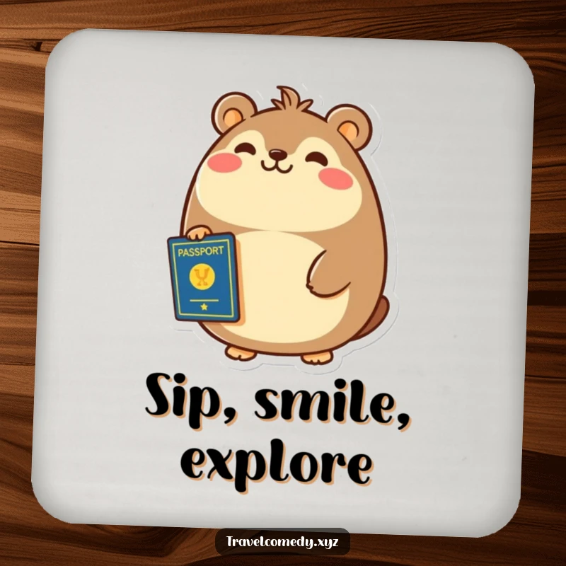Funny drink coaster showing a cheerful, round animal smiling broadly, clutching a passport.