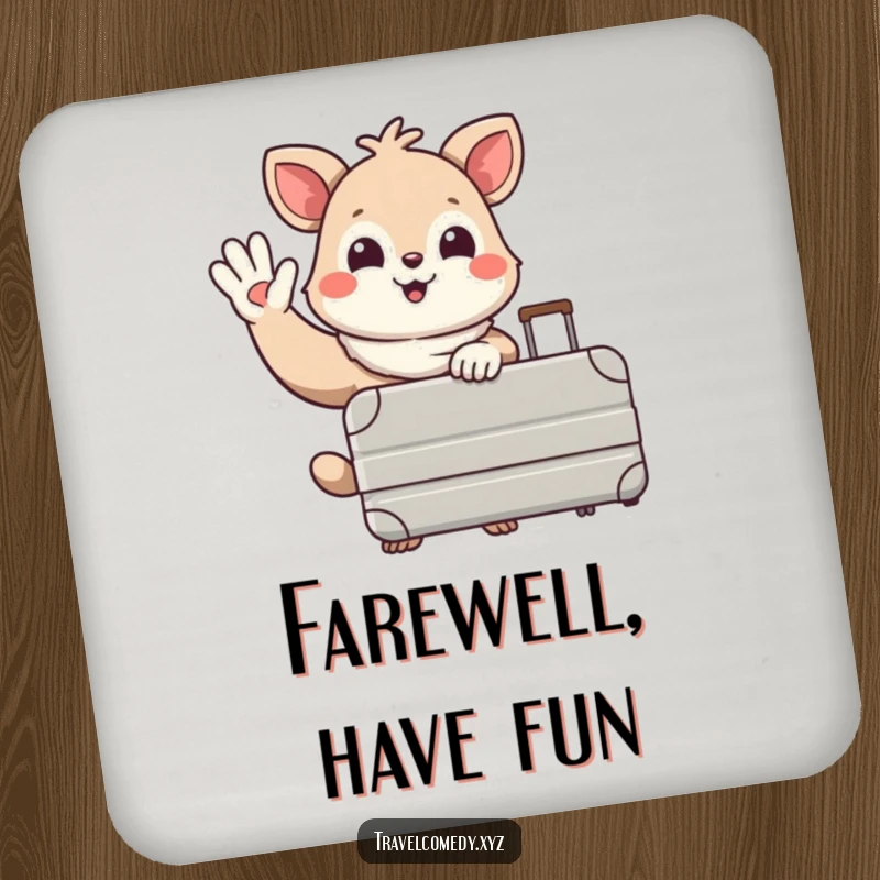 Funny coasters: happy animal character with a large suitcase, waving goodbye with a smile, perfect for travel-themed decor.
