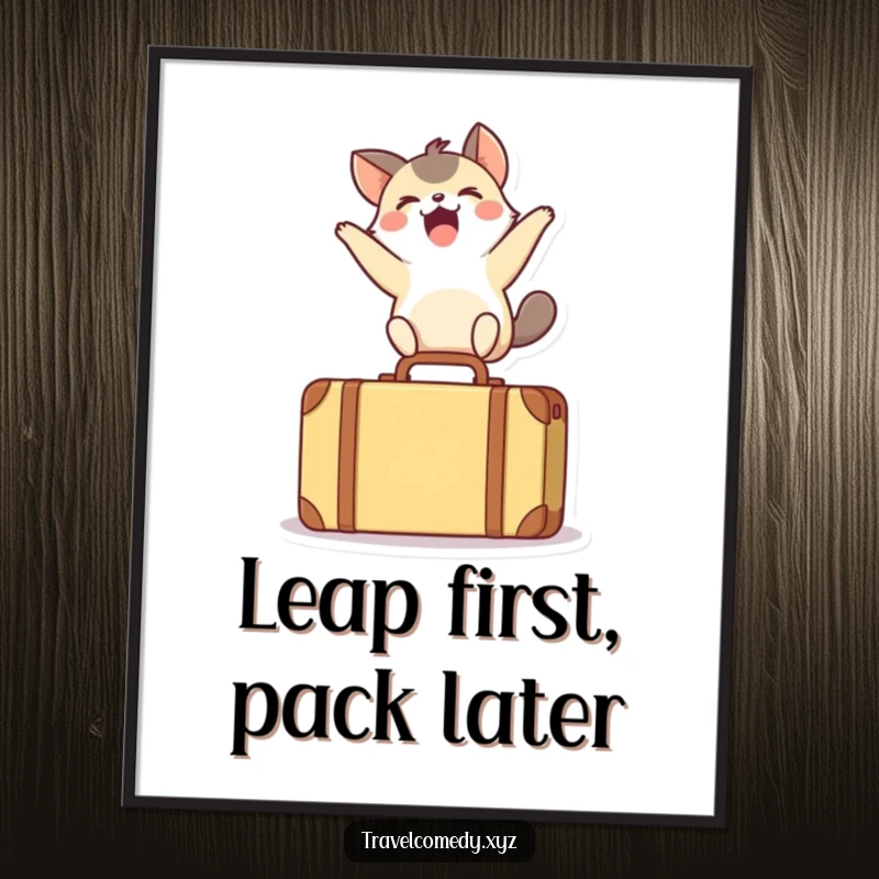 Funny poster showcasing a small, ecstatic animal leaping gracefully over a miniature suitcase, radiating pure, infectious happiness.