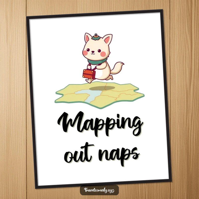 Funny poster art of a stylized animal with tiny luggage, energetically hopping across a stylized map.