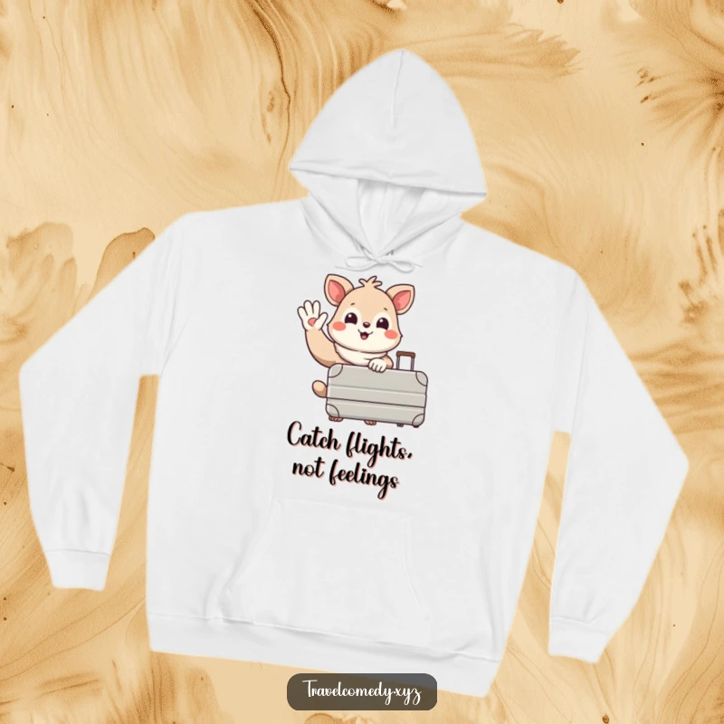 Funny hoodie: happy animal character holding a big suitcase, giving a cheerful goodbye wave, perfect for travelers.