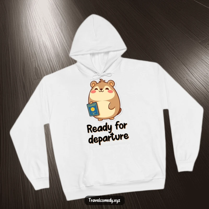 Funny hoodie design of a cheerful, round animal smiling broadly, clutching a passport in its paw.