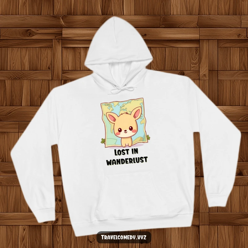 Funny hoodie: happy animal character studying a giant stylized map, evoking a spirit of discovery and adventure.