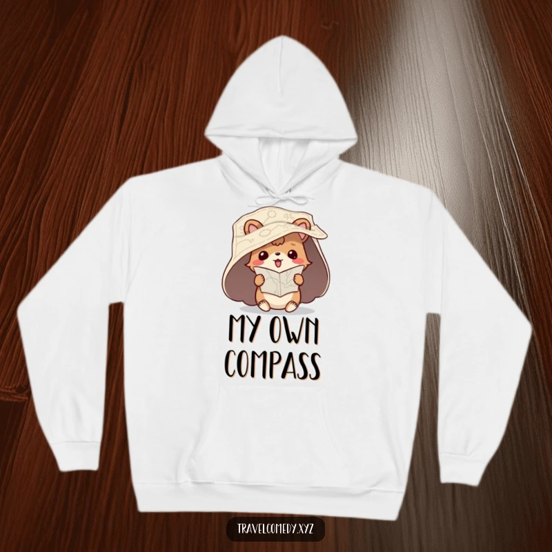 Funny hoodie design of a playful animal character with an unfurled map, humorously trying to read it upside down.