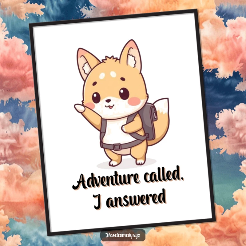 Funny free printable wall art: A cute animal with a small backpack eagerly points forward, ready for exploration.