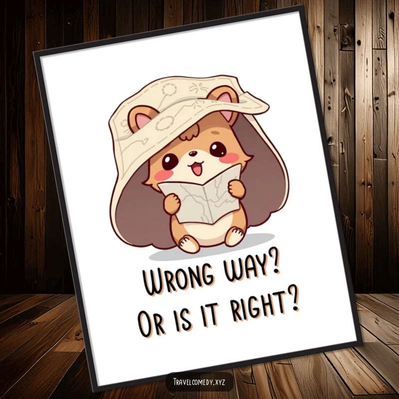 Funny free printable wall art: a playful animal character with a map unfurled, trying to read it upside down, quirky art