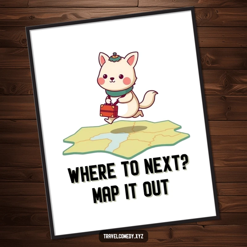 Funny free printable wall art: a stylized animal with tiny luggage, hopping energetically across a stylized map, travel art