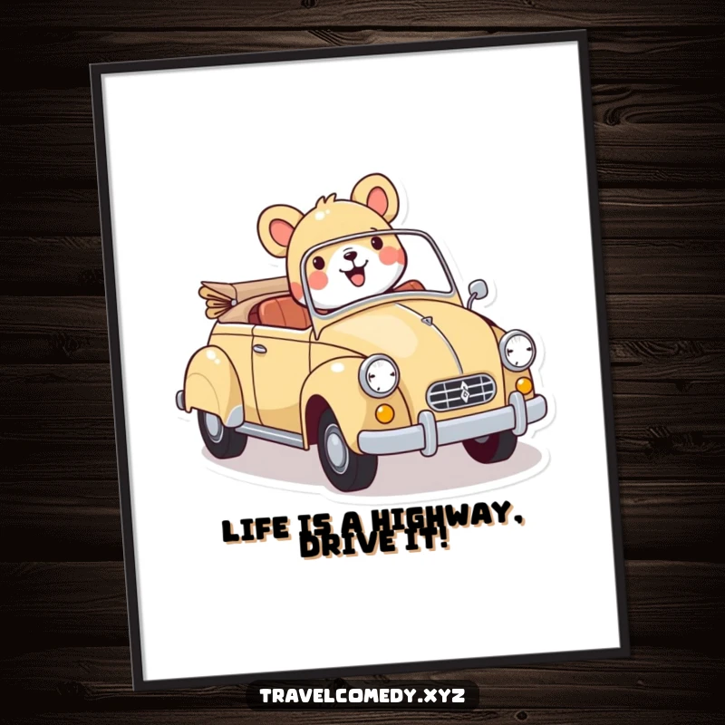 Funny Free Printable Wall Art: An animal joyfully rides in a vintage car, bringing quirky charm to any room.