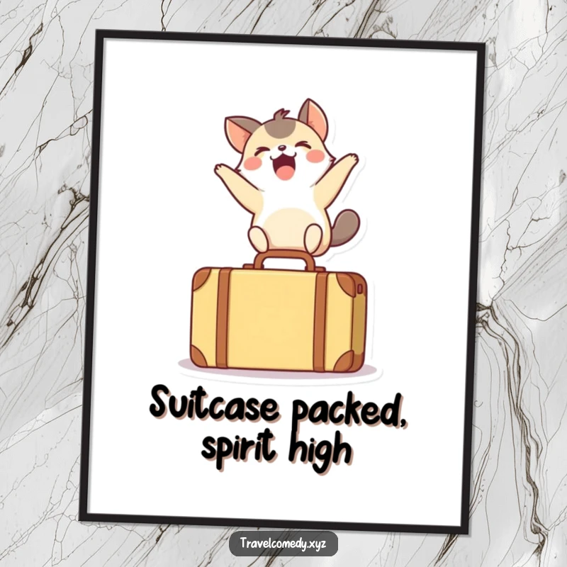 Funny Free Printable Wall Art: An excited animal in mid-air, joyfully leaping over a tiny suitcase.