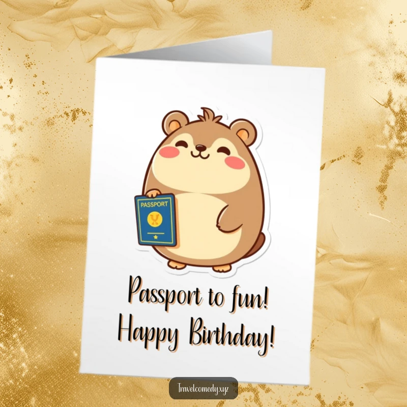 Funny free printable birthday card: cheerful round animal with passport, big smile, ready for travel