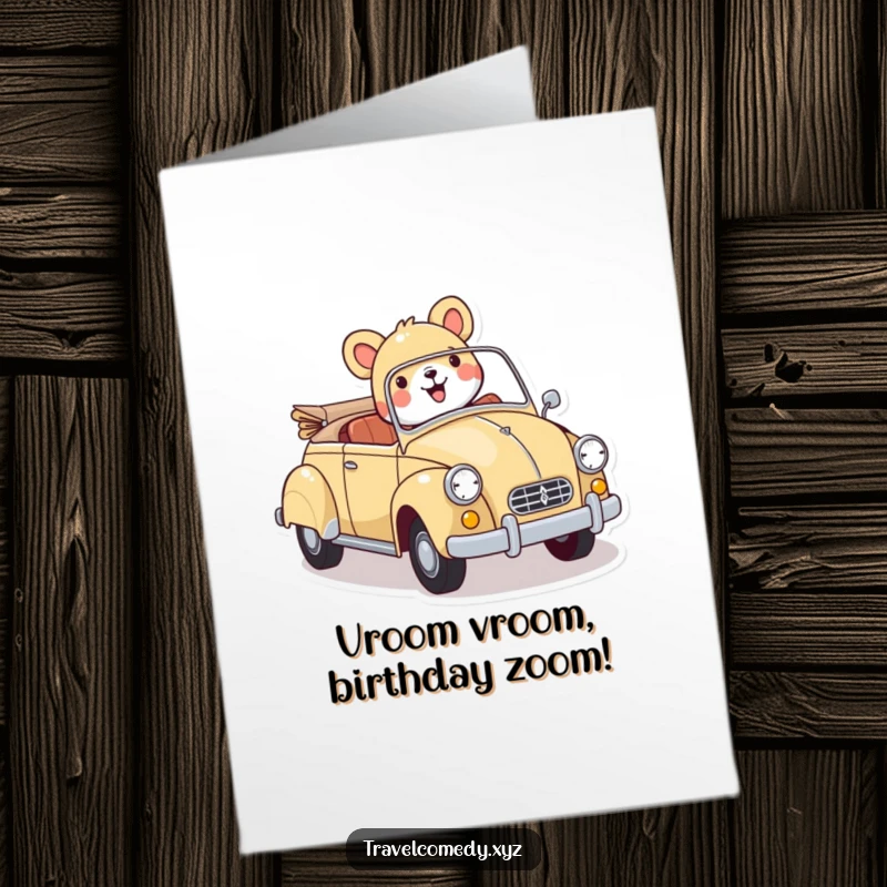 Funny Free Printable Birthday Card featuring a joyful animal driving a vintage car, spreading birthday cheer.