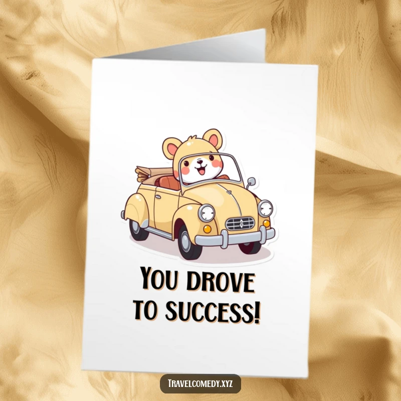 Funny Free Printable Congrats Card: Happy animal cruising in a vintage car, celebrating success with style.
