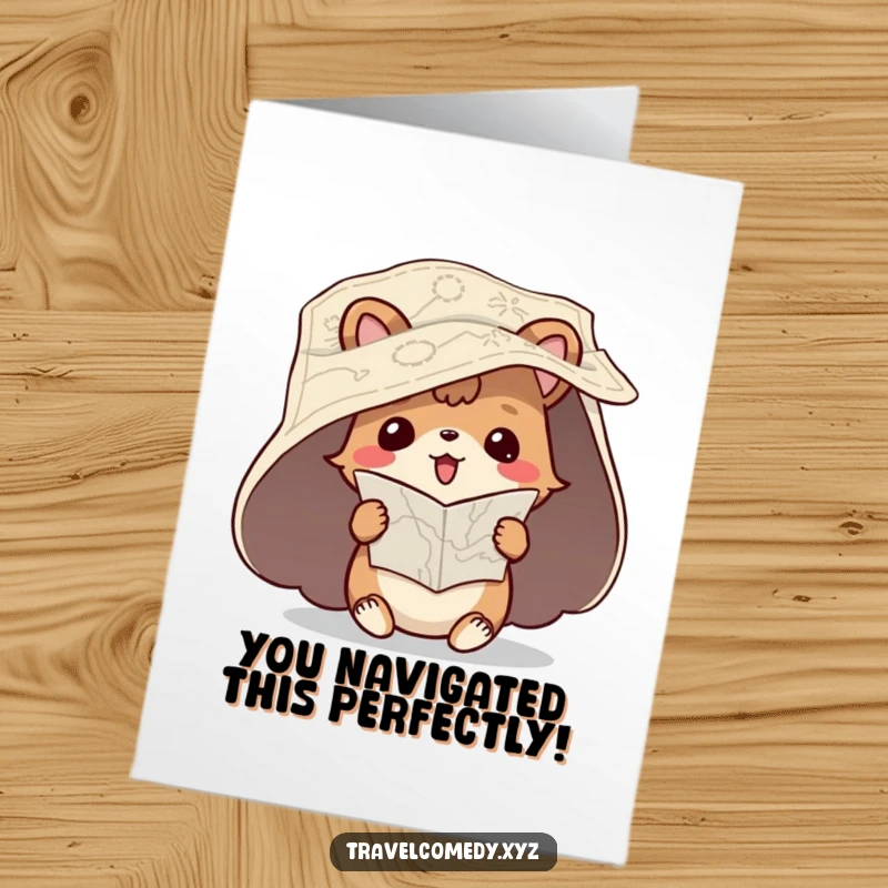 Funny free printable congratulations card: playful animal with unfurled map, looking confused, reading upside down