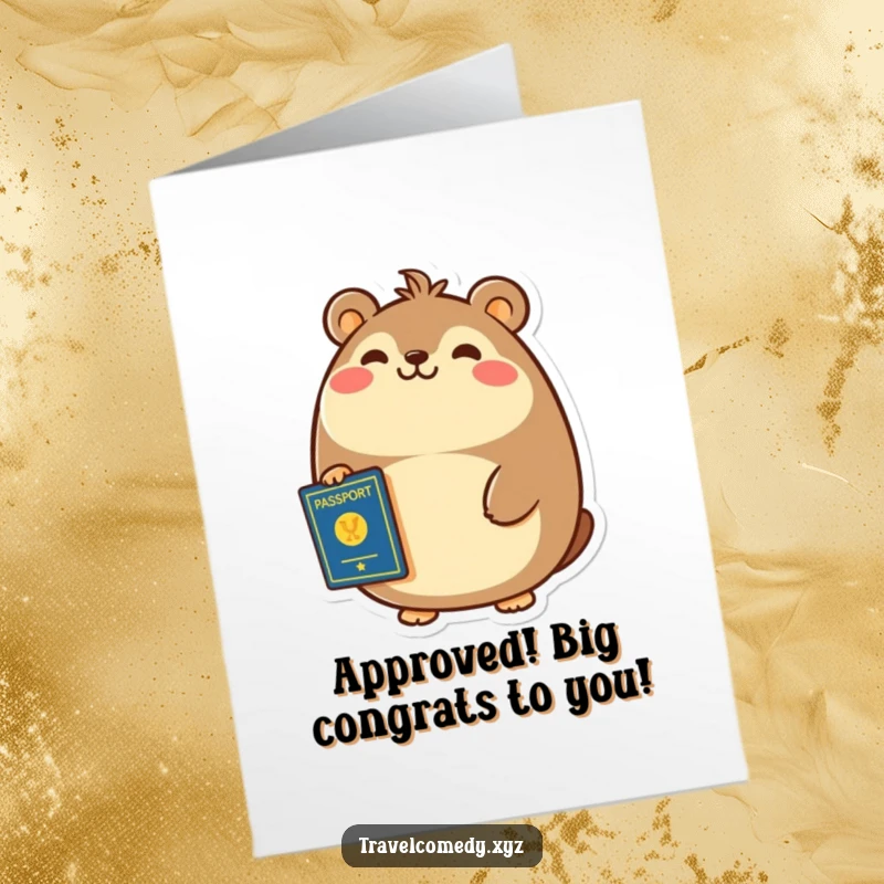 Funny free printable congratulations card: cheerful round animal with passport, broad smile, travel congratulations