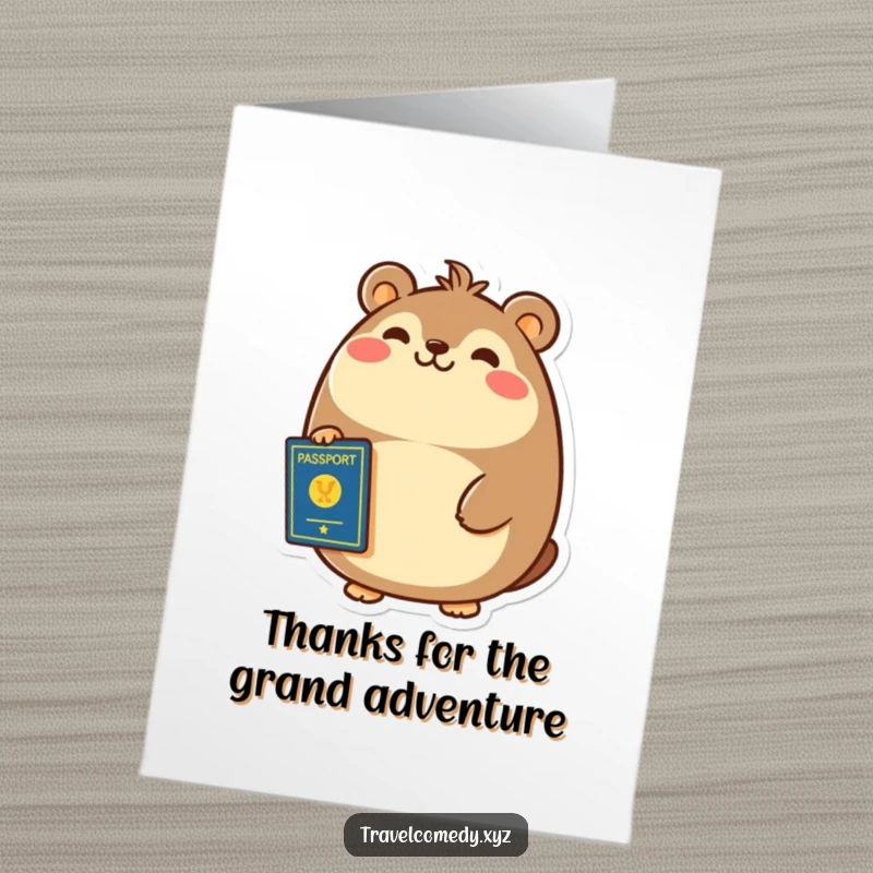 Funny free printable thank you card: cheerful round animal, clutching a passport in its paw, smiling broadly, travel thank you
