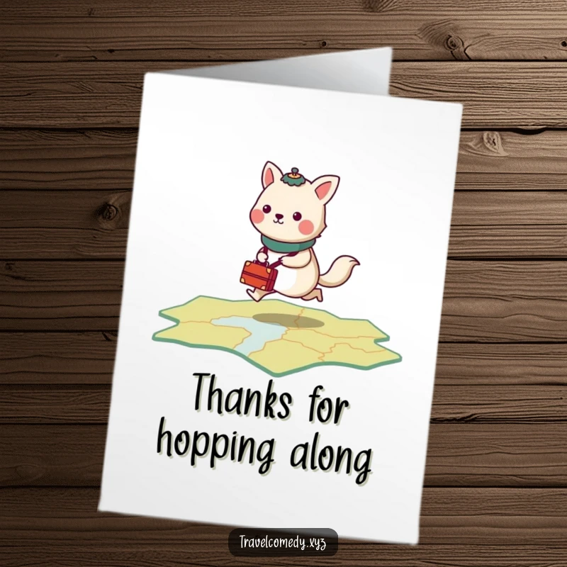 Funny free printable thank you card: stylized animal with tiny luggage, energetically hopping across a stylized map, travel thank you