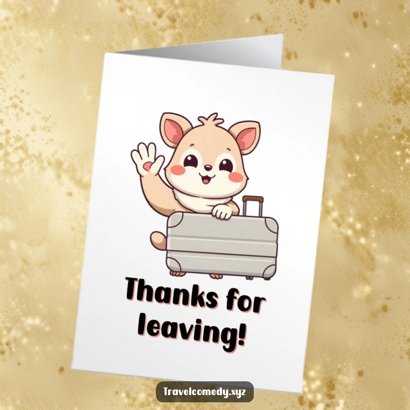 Funny Free Printable Thank You Card: A happy animal waves goodbye with a suitcase, thanking you for the good times.