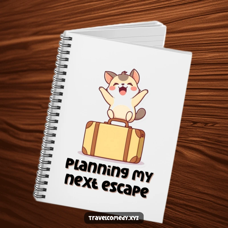 Funny notebook cover with a small, ecstatic animal mid-leap over a tiny suitcase, symbolizing energetic new beginnings.