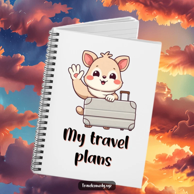 Funny notebook: happy animal character with a large suitcase, waving goodbye cheerfully, ideal for travel plans and journaling.