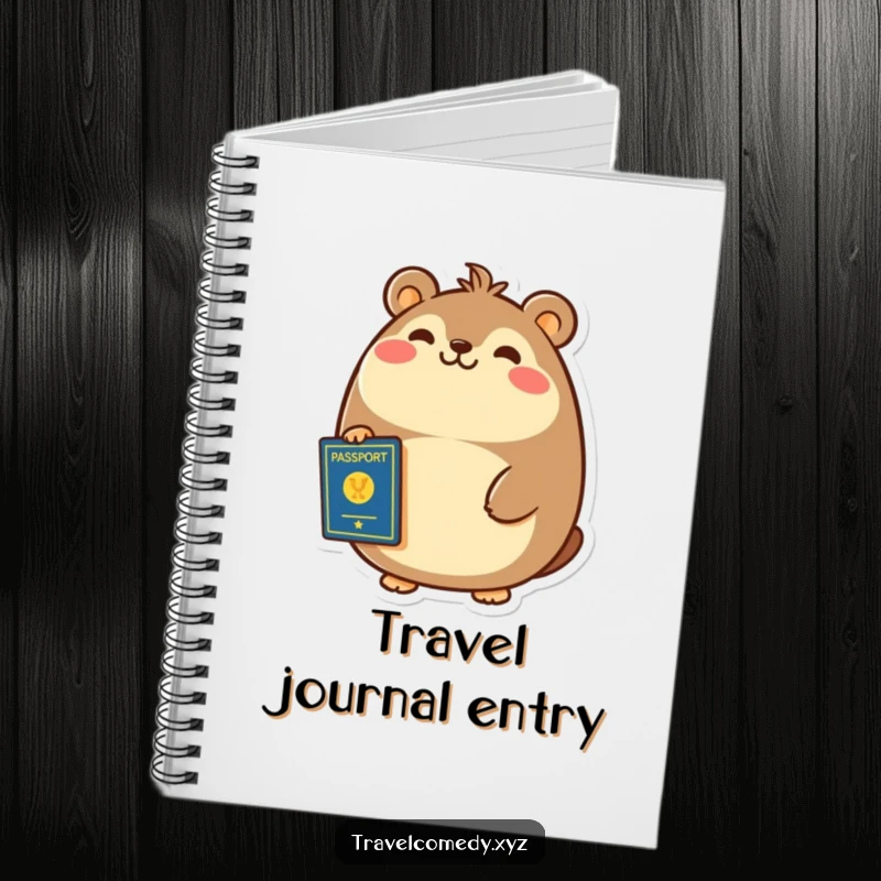 Funny notebook cover with a cheerful, round animal smiling broadly, clutching a passport.