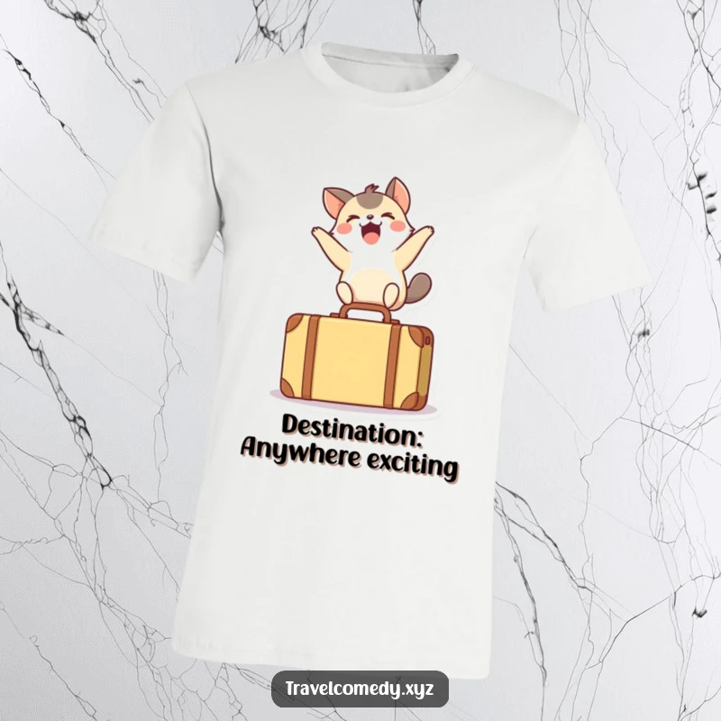 Funny t-shirt with a small, happy animal mid-leap over a miniature suitcase, expressing absolute delight and adventure.