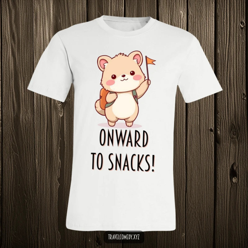 Funny t-shirt print of a cute, furry animal with a backpack, gleefully waving a small flag.