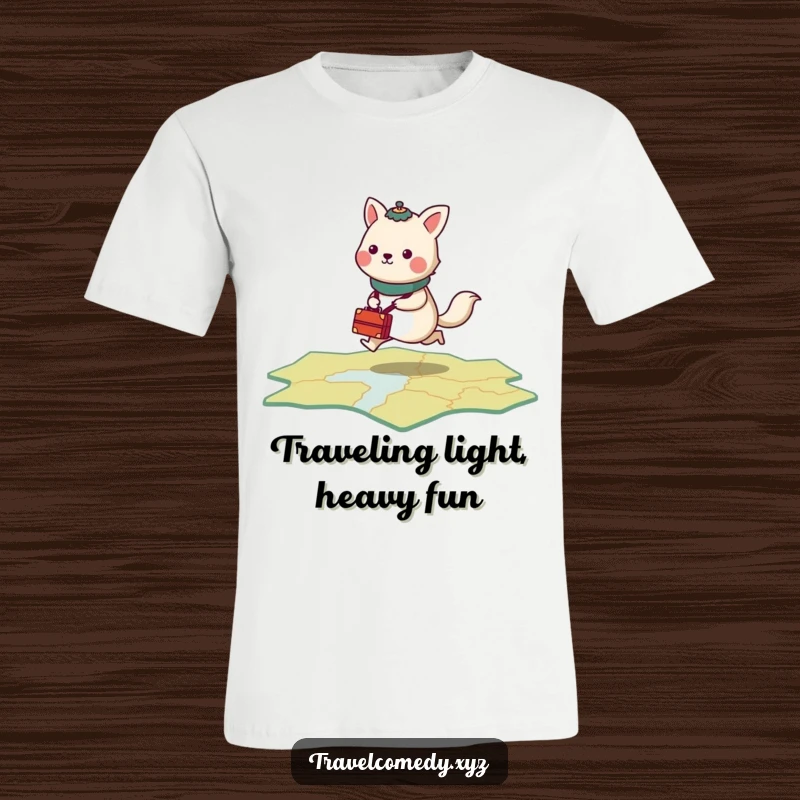 Funny t-shirt print of a stylized animal with tiny luggage, energetically hopping across a stylized world map.