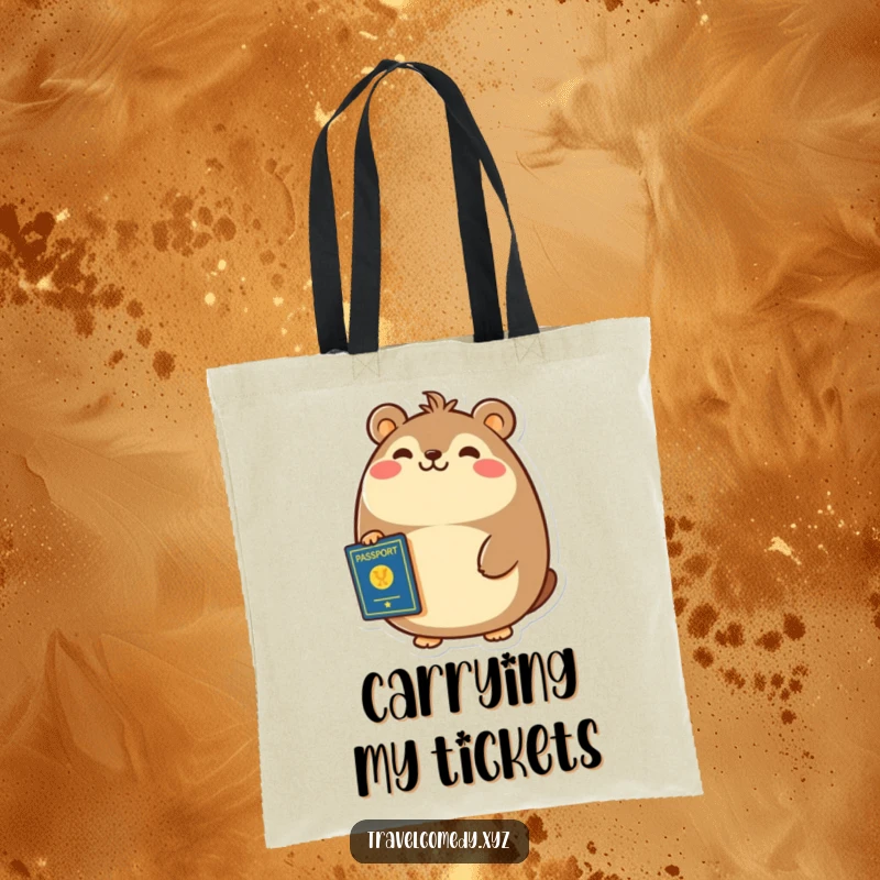 Funny tote bag print of a cheerful, round animal smiling broadly while holding a passport.
