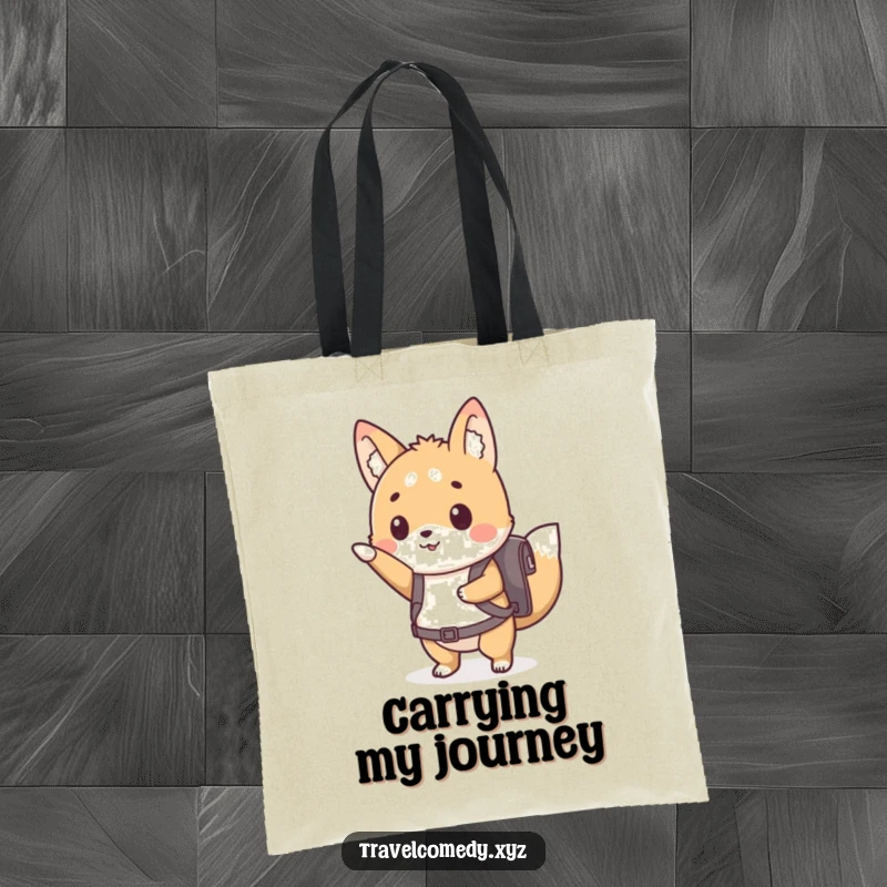 Funny tote bag with a cute animal character wearing a tiny backpack, eagerly pointing forward, ready for exploration.